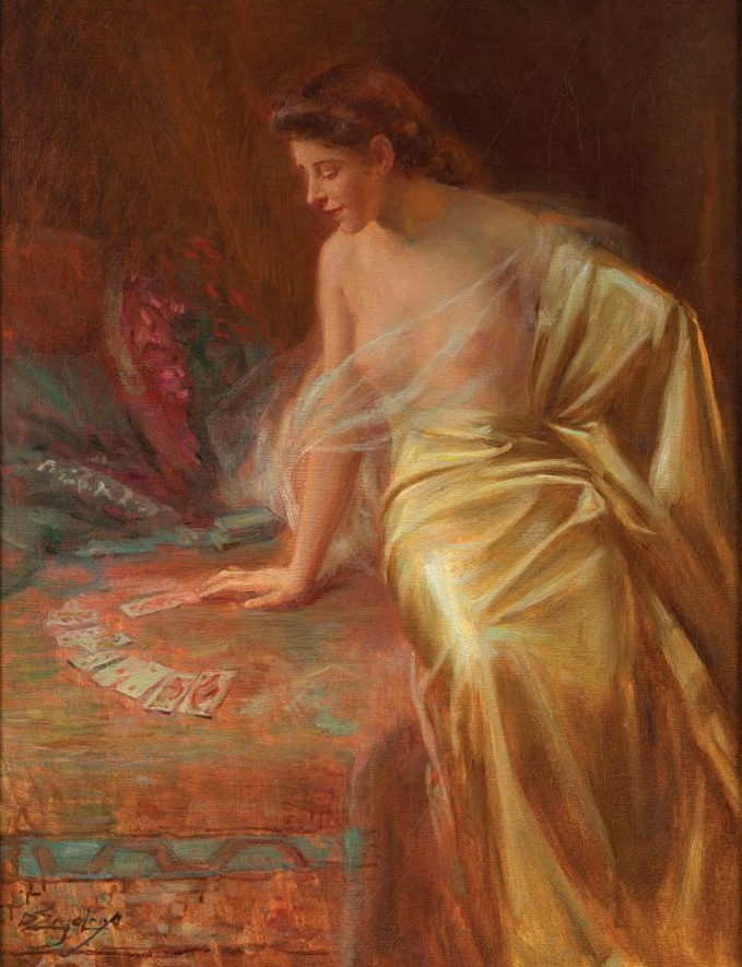 Giovane donna con carte da gioco in un interno